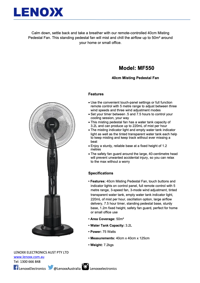 Página 1 del manual Ficha técnica Lenoxx MF550