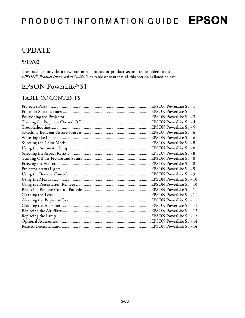 Página 1 del manual Ficha técnica Epson PowerLite S1