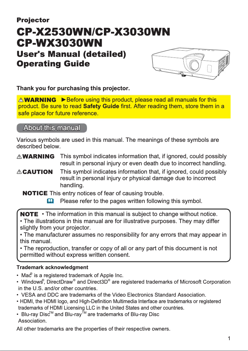 Imagen de la primera página del manual del dispositivo CP-X2530