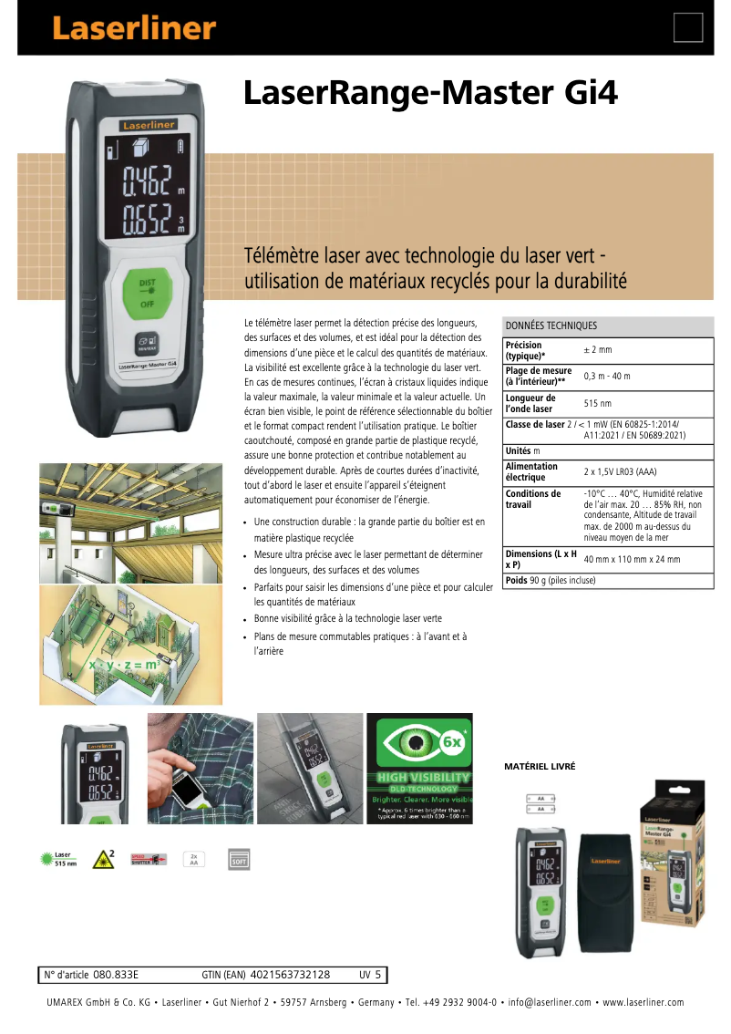 Página 1 del manual Ficha técnica Laserliner LaserRange-Master Gi4