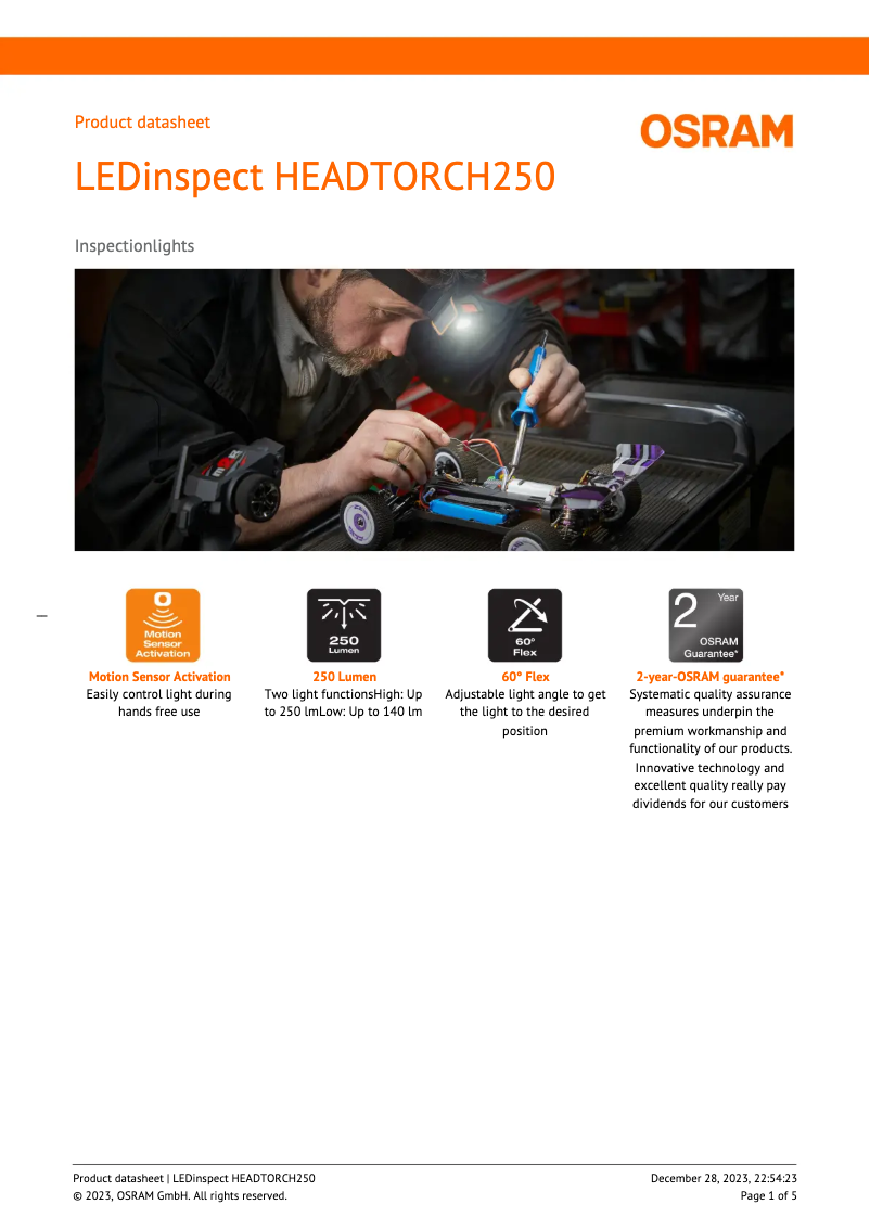 Imagen de la primera página del manual del dispositivo LEDinspect HEADTORCH250