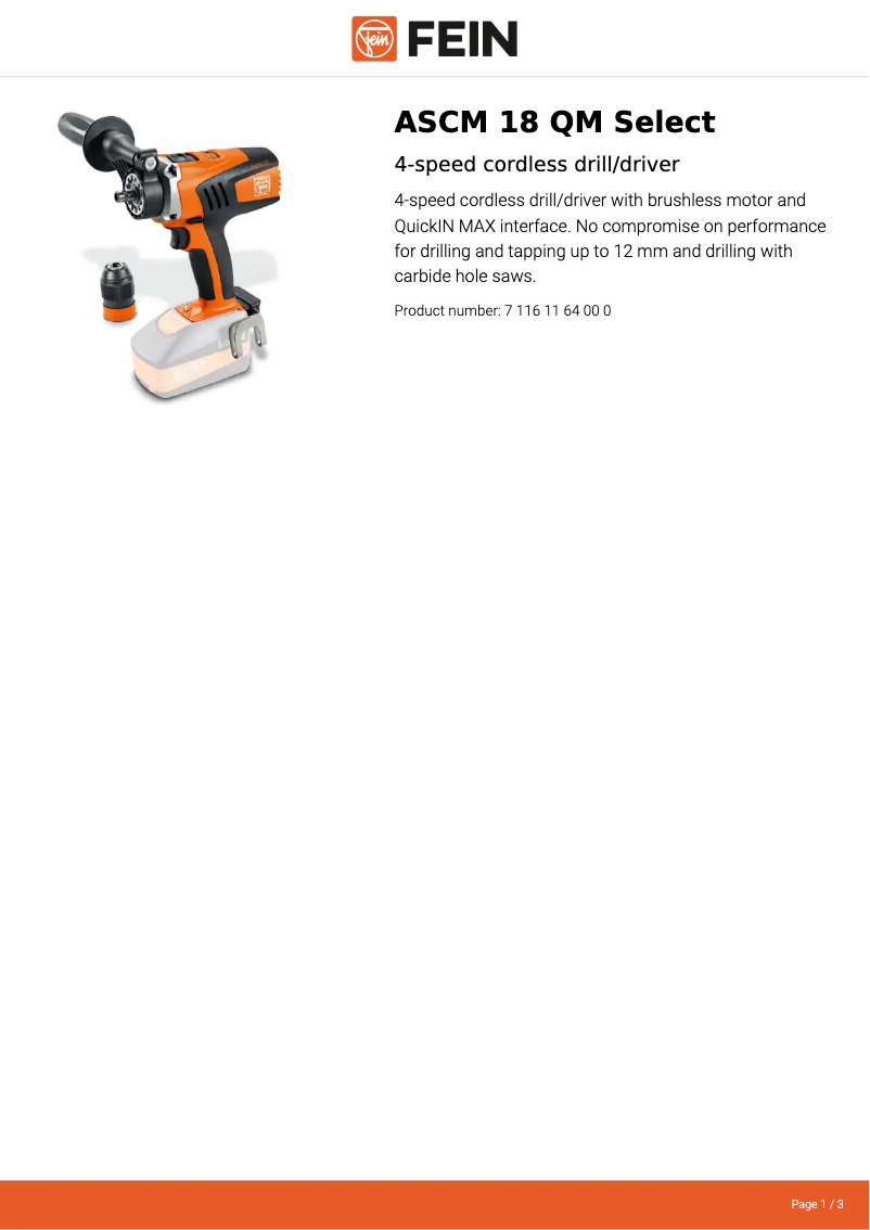 Página 1 del manual Ficha técnica Fein ASCM 18 QM Select