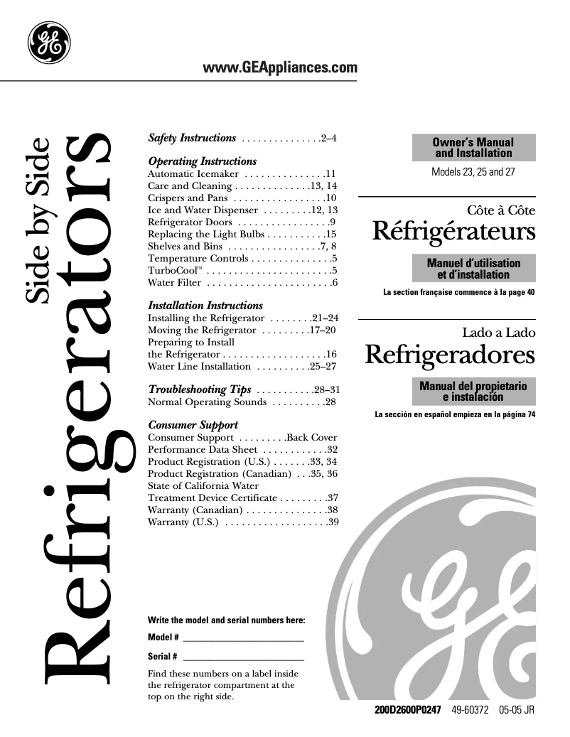 Página 1 del manual Manual de uso y mantenimiento GE GSS27RGPCC