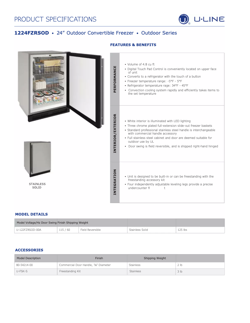 Página 1 del manual Ficha técnica U-Line U-1224FZROD