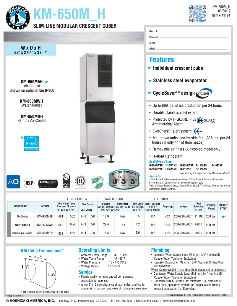 Página 1 del manual Ficha técnica Hoshizaki KM-650MWH