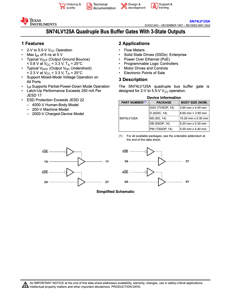 Imagen de la primera página del manual del dispositivo SN74LV125APWR