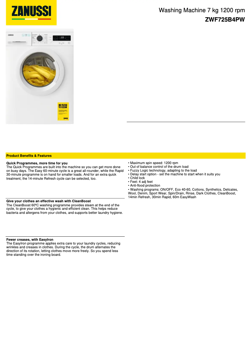 Página 1 del manual Ficha técnica Zanussi ZWF725B4PW
