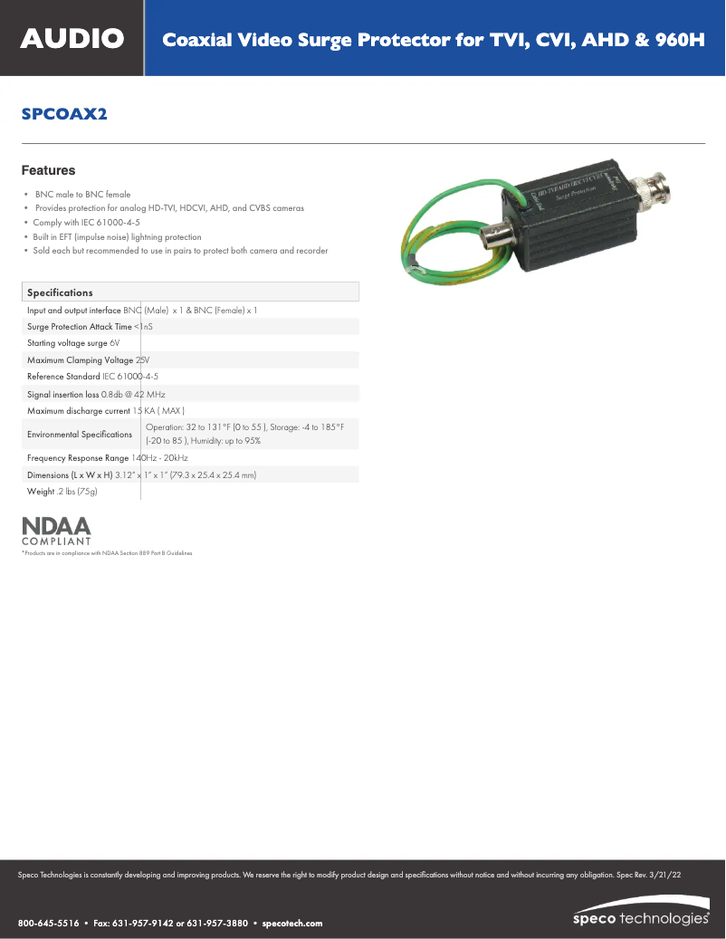 Página nº 1 - Ficha técnica Speco Technologies SPCOAX2