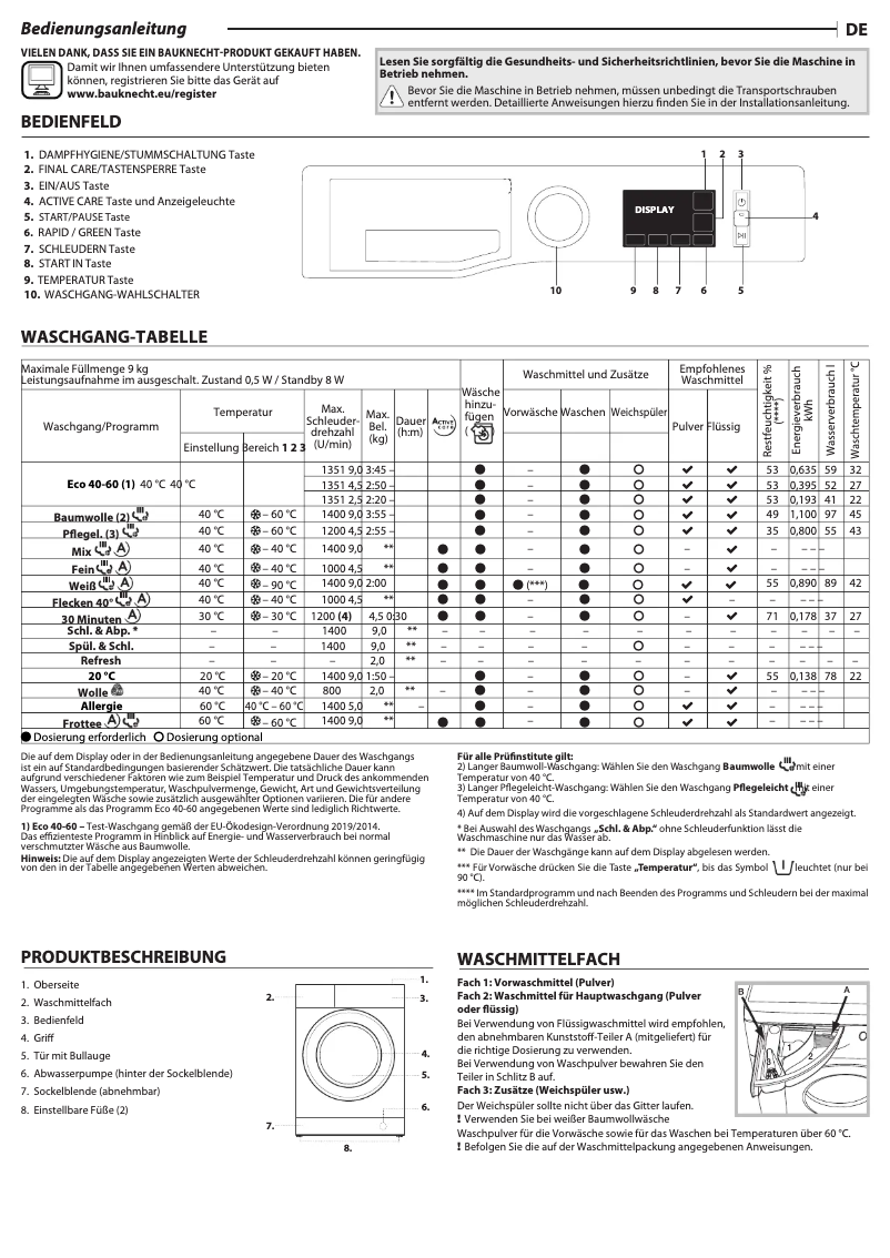Página 1 del manual Manual de usuario Bauknecht WM Pure 9A