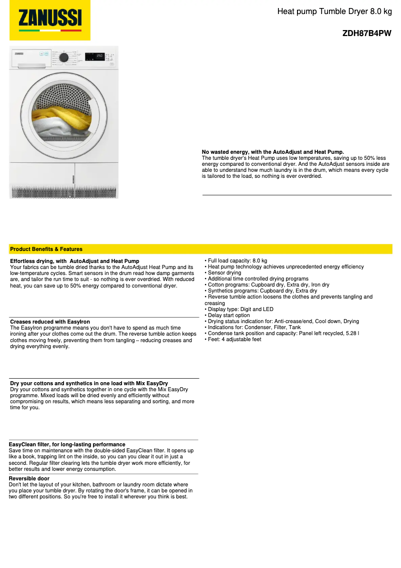 Imagen de la primera página del manual del dispositivo ZDH87B4PW