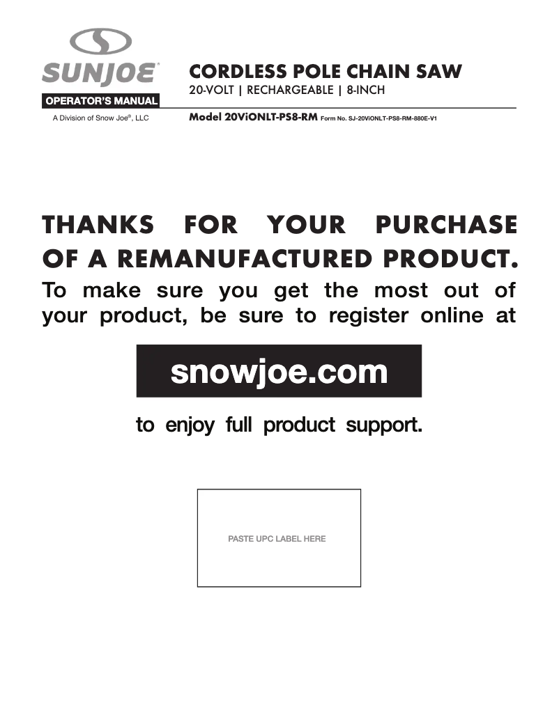 Página nº 1 - Manual de usuario Sun Joe 20VIONLTE-PS8-RM