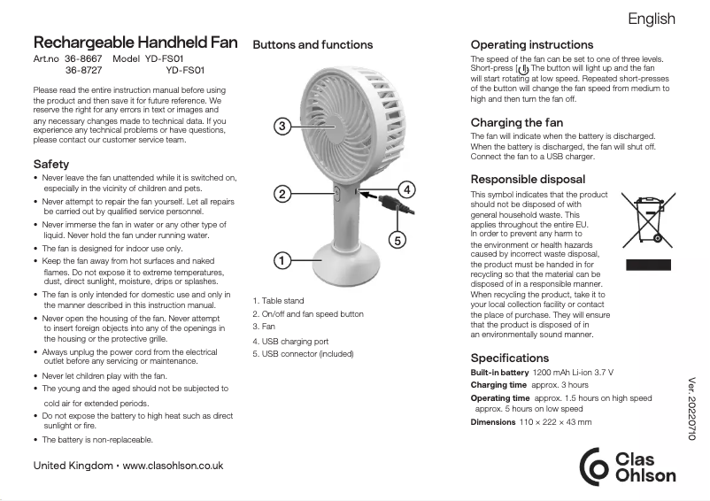 Imagen de la primera página del manual del dispositivo YD-FS01