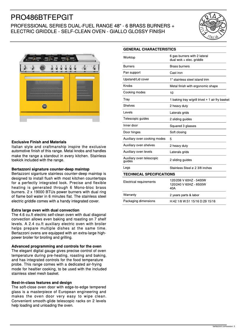 Página 1 del manual Ficha técnica Bertazzoni PRO486BTFEPGIT
