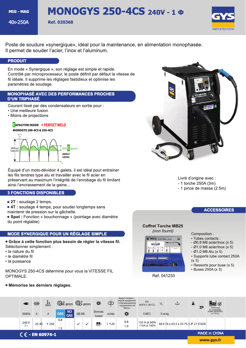 Página 1 del manual Ficha técnica GYS Monogys 250-4Cs