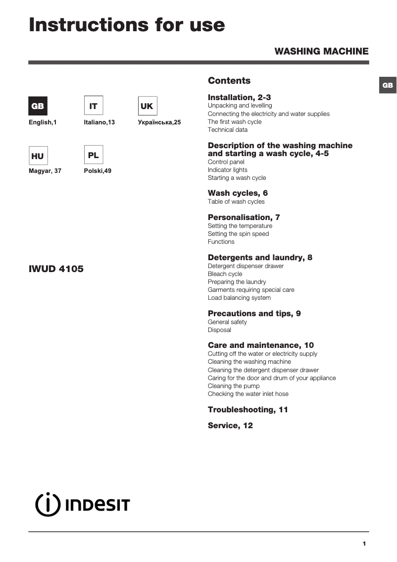 Página 1 del manual Manual de usuario Indesit IWUD 4105
