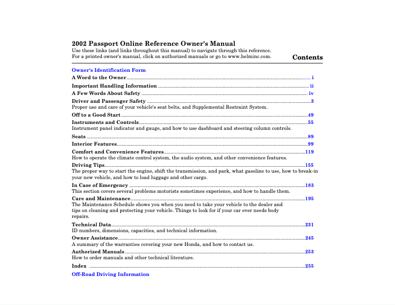 Página nº 1 - Manual de usuario Honda Passport (2002)