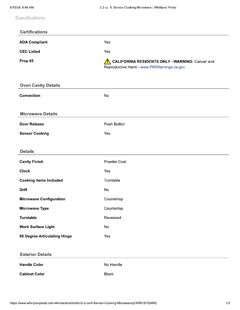 Página 1 del manual Ficha técnica Whirlpool WMCS7024RZ