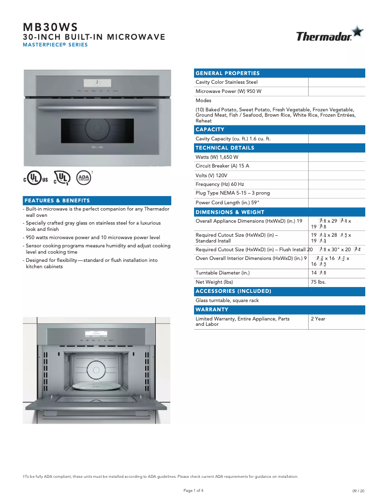 Página 1 del manual Ficha técnica Thermador MB30WS