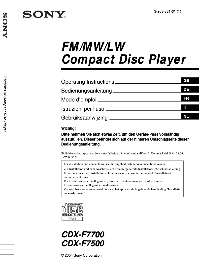 Imagen de la primera página del manual del dispositivo CDX-F7500