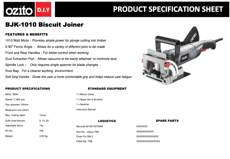 Página 1 del manual Ficha técnica Ozito BJK-1010
