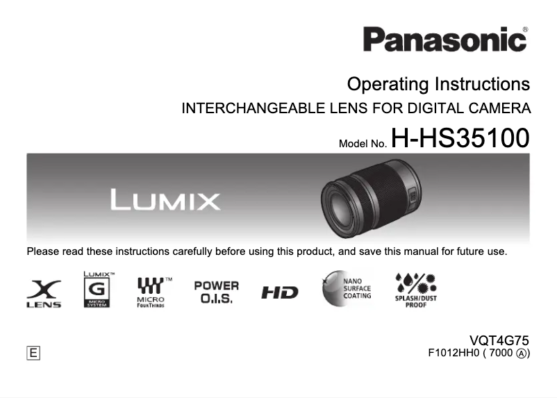 Imagen de la primera página del manual del dispositivo Lumix H-HS35100E