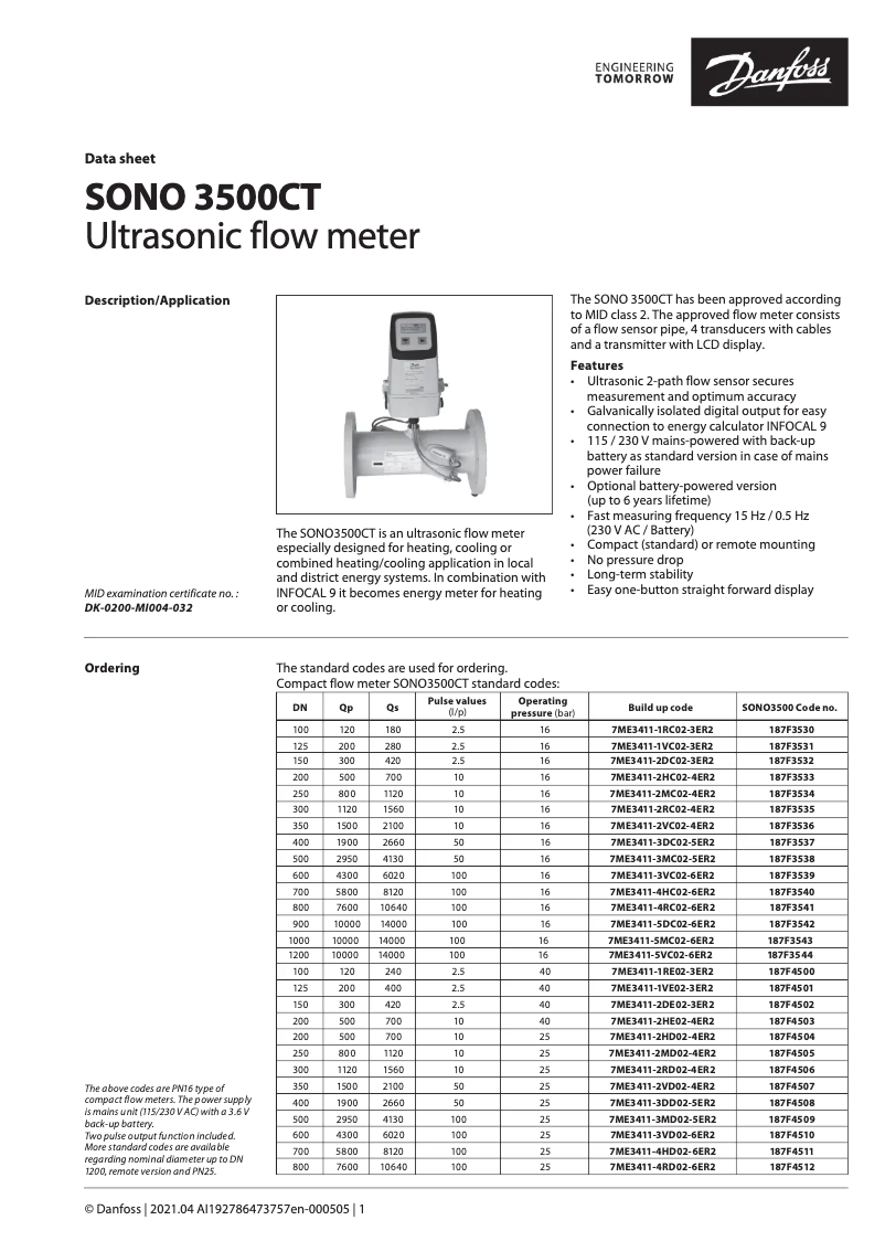 Página 1 del manual Ficha técnica Danfoss Sono 3500 CT