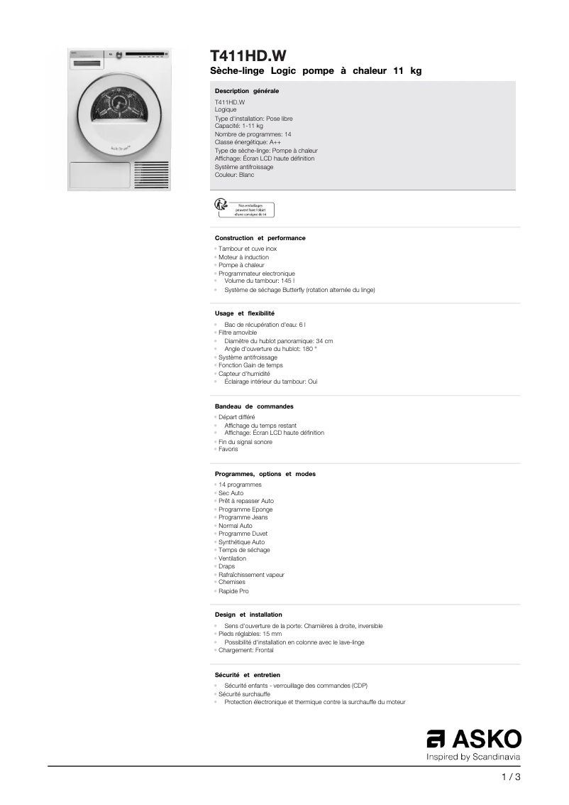 Página 1 del manual Ficha técnica Asko T411HD.W