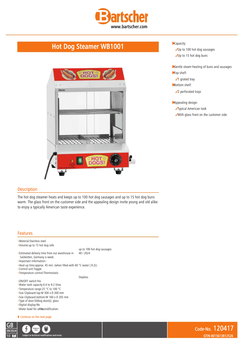 Página 1 del manual Ficha técnica Bartscher WB1001