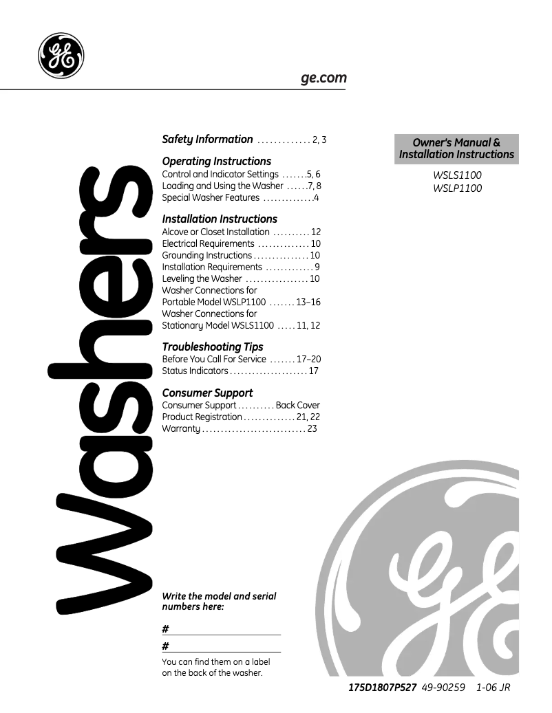 Imagen de la primera página del manual del dispositivo WSLS1100DWW