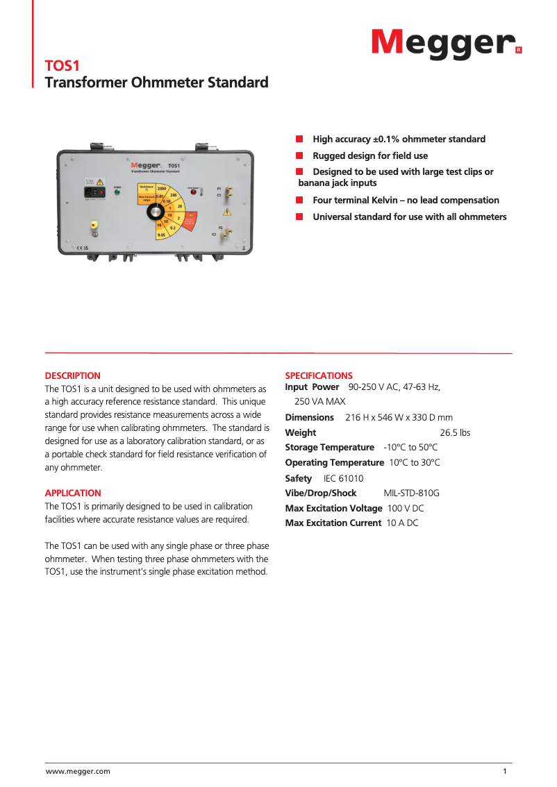 Página 1 del manual Ficha técnica Megger TOS1