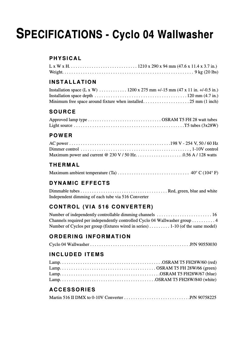 Página 1 del manual Ficha técnica Martin Cyclo 04 Wallwasher
