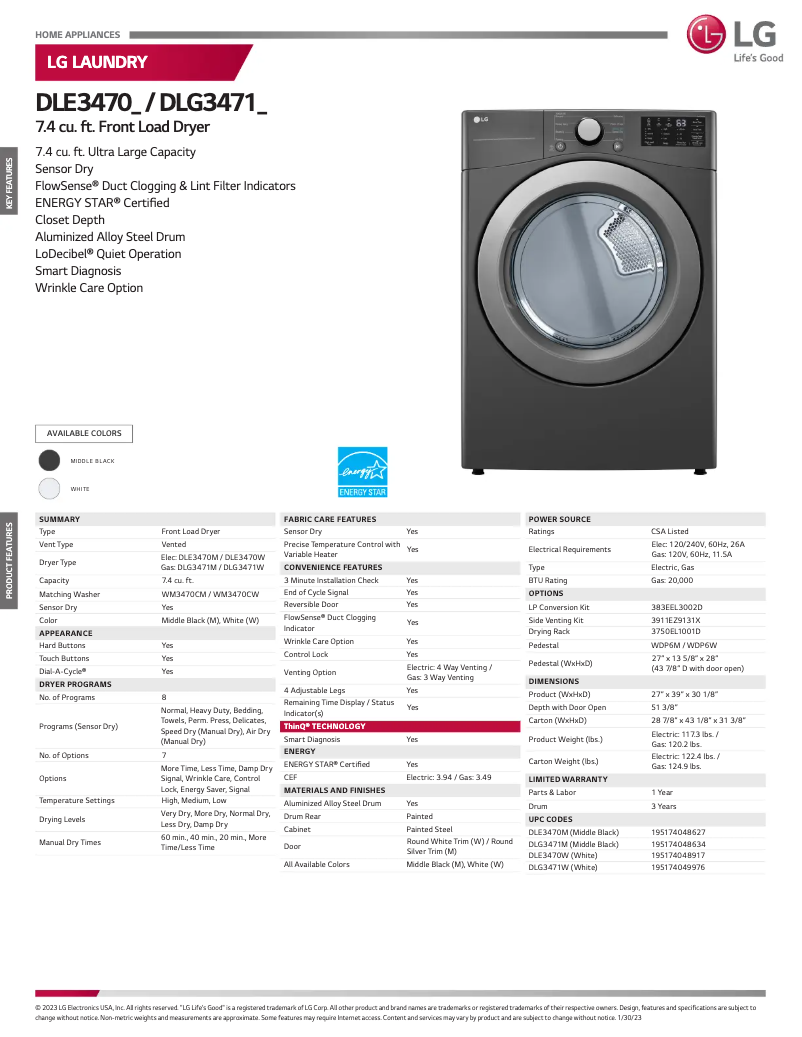 Página 1 del manual Ficha técnica LG DLE3470M