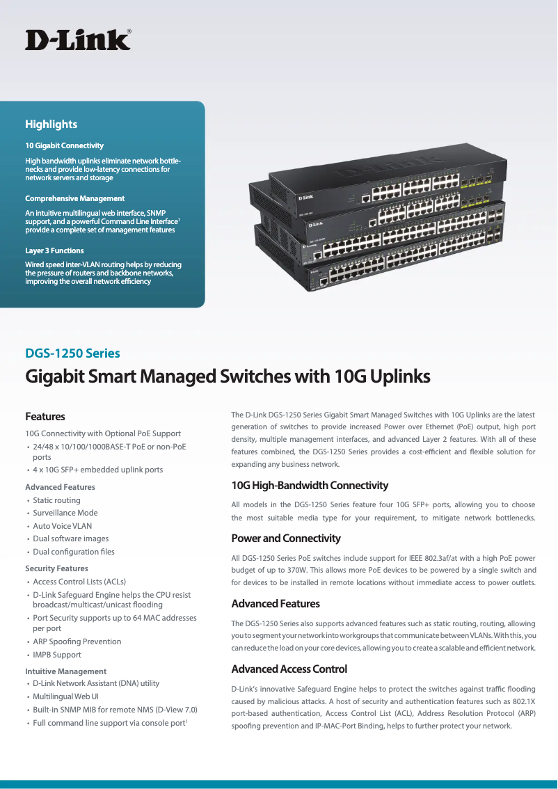 Página 1 del manual Ficha técnica D-Link DGS-1250