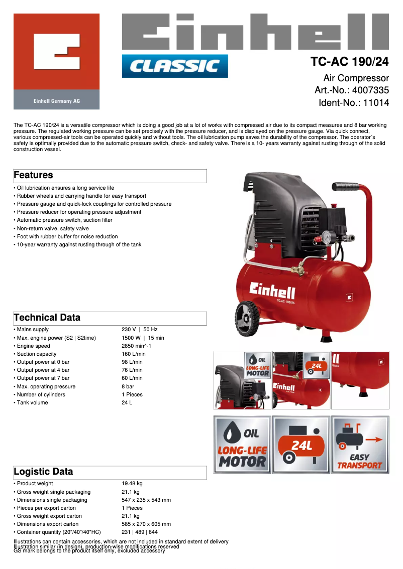 Página nº 1 - Ficha técnica Einhell TC-AC 190/24