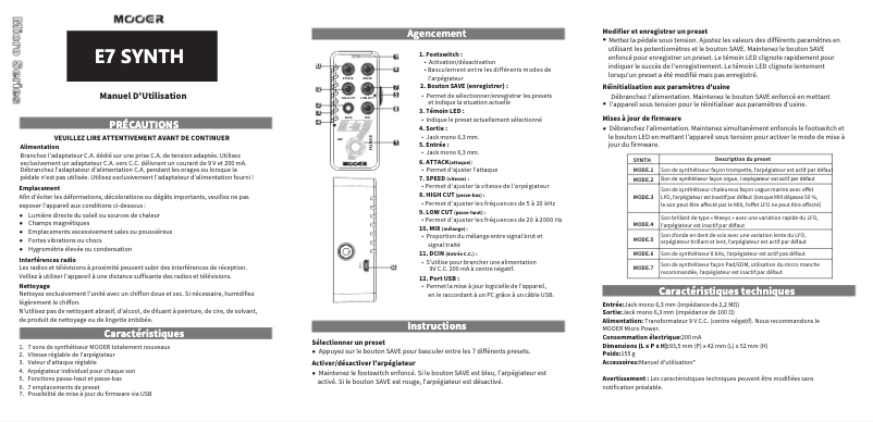 Página 1 del manual Manual de usuario Mooer E7 Synth
