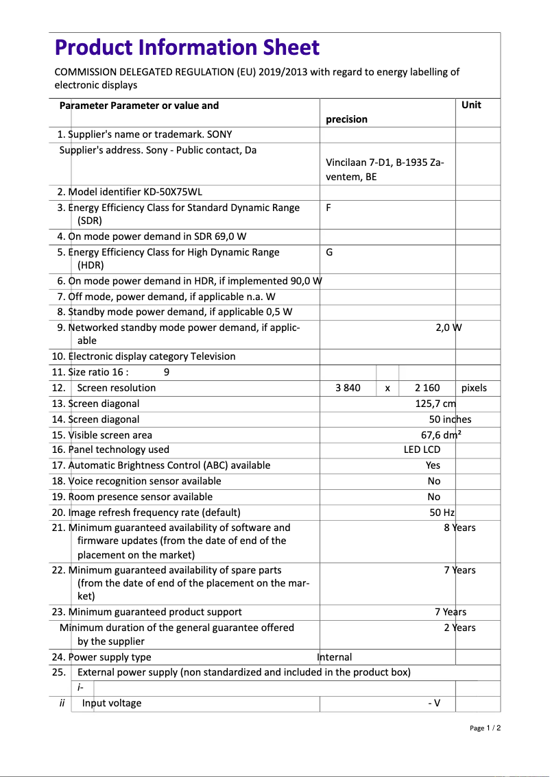 Imagen de la primera página del manual del dispositivo KD-50X75WL