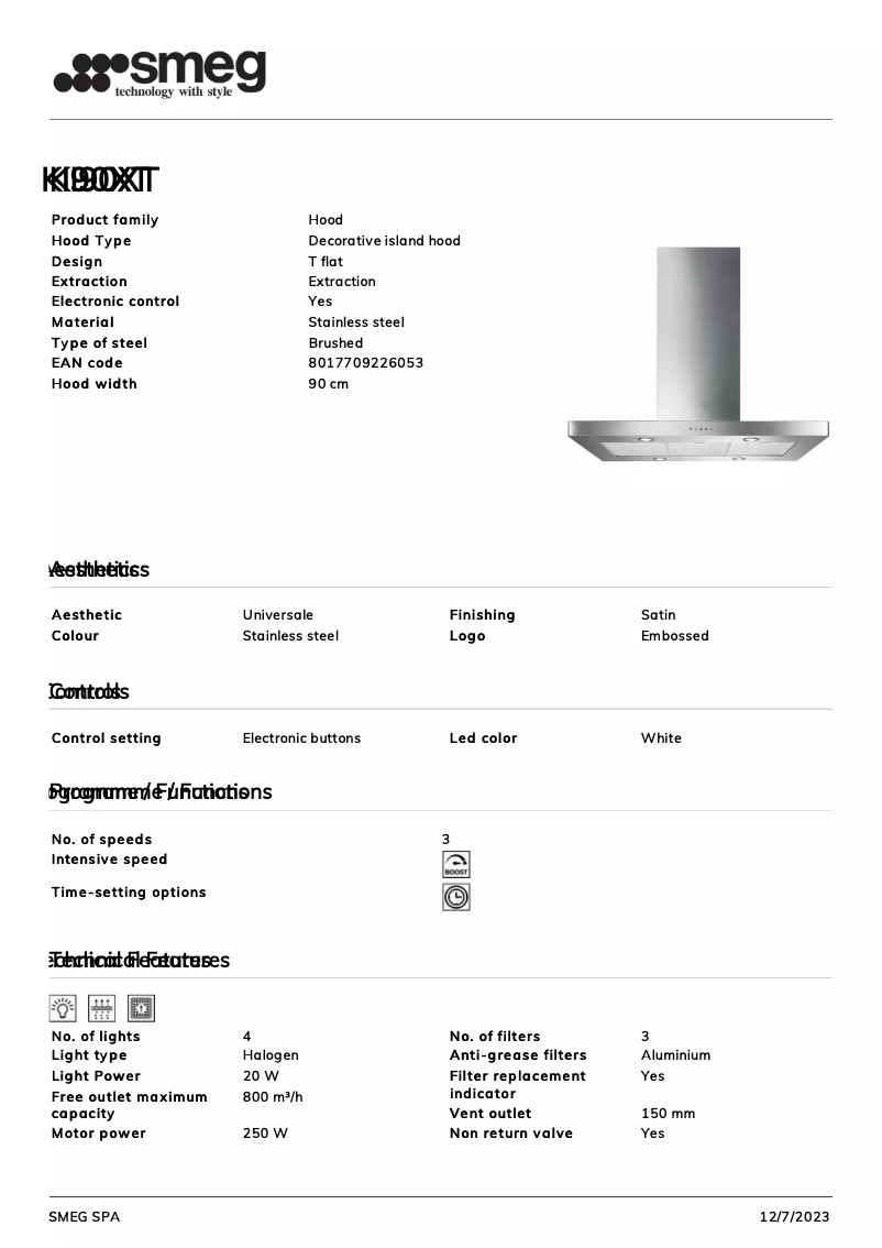 Página 1 del manual Ficha técnica Smeg KI90XT