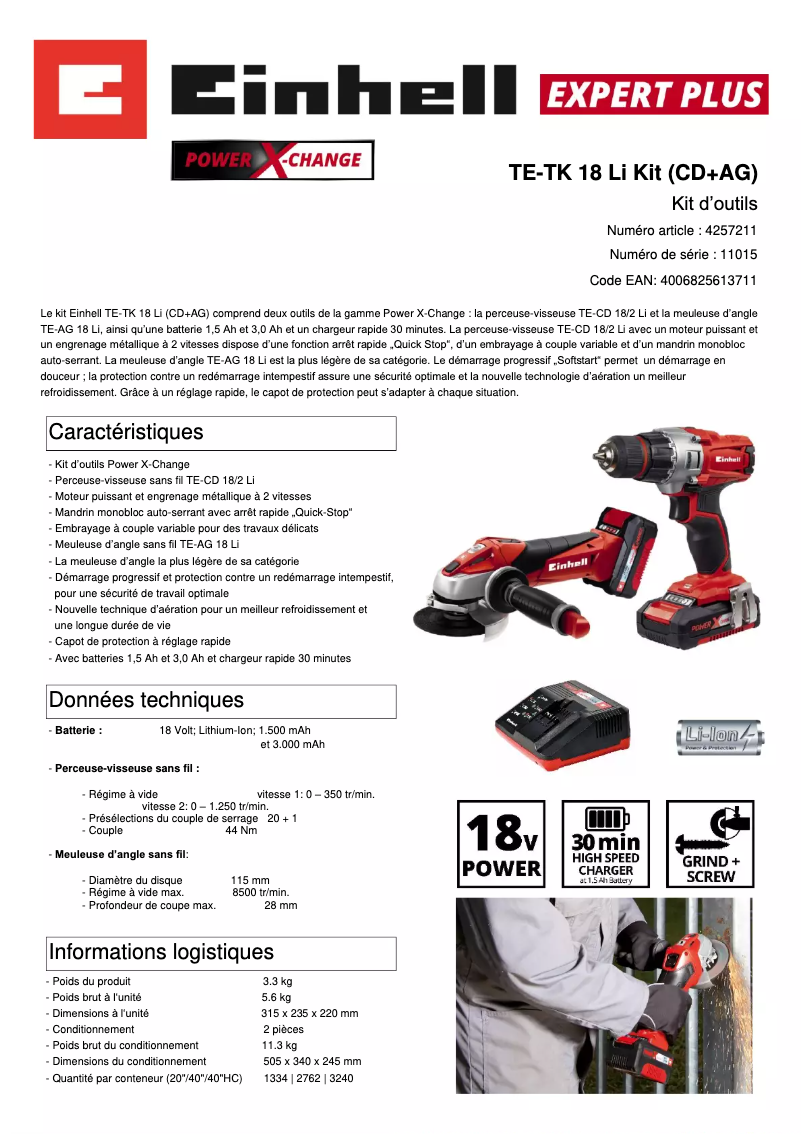 Página 1 del manual Ficha técnica Einhell TE-TK 18 Li Kit