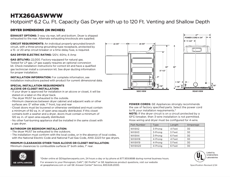 Página 1 del manual Ficha técnica Hotpoint HTX26GASWWW