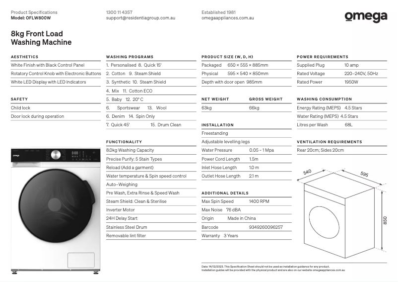 Página 1 del manual Ficha técnica Omega OFLW800W