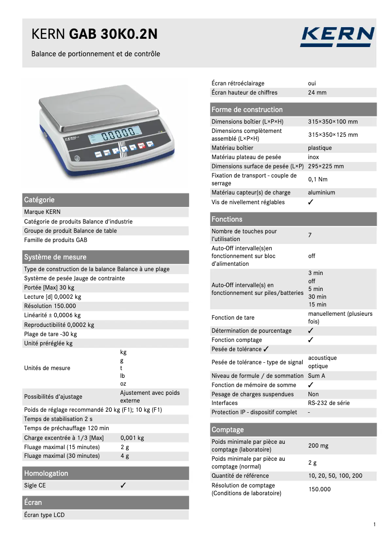 Página 1 del manual Ficha técnica Kern GAB 30K0.2N