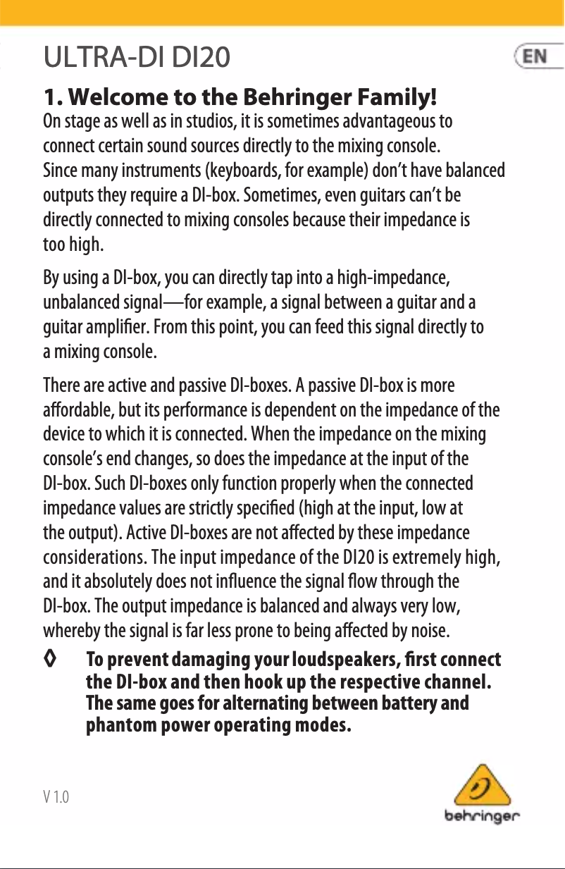 Página nº 1 - Manual de usuario Behringer DI20