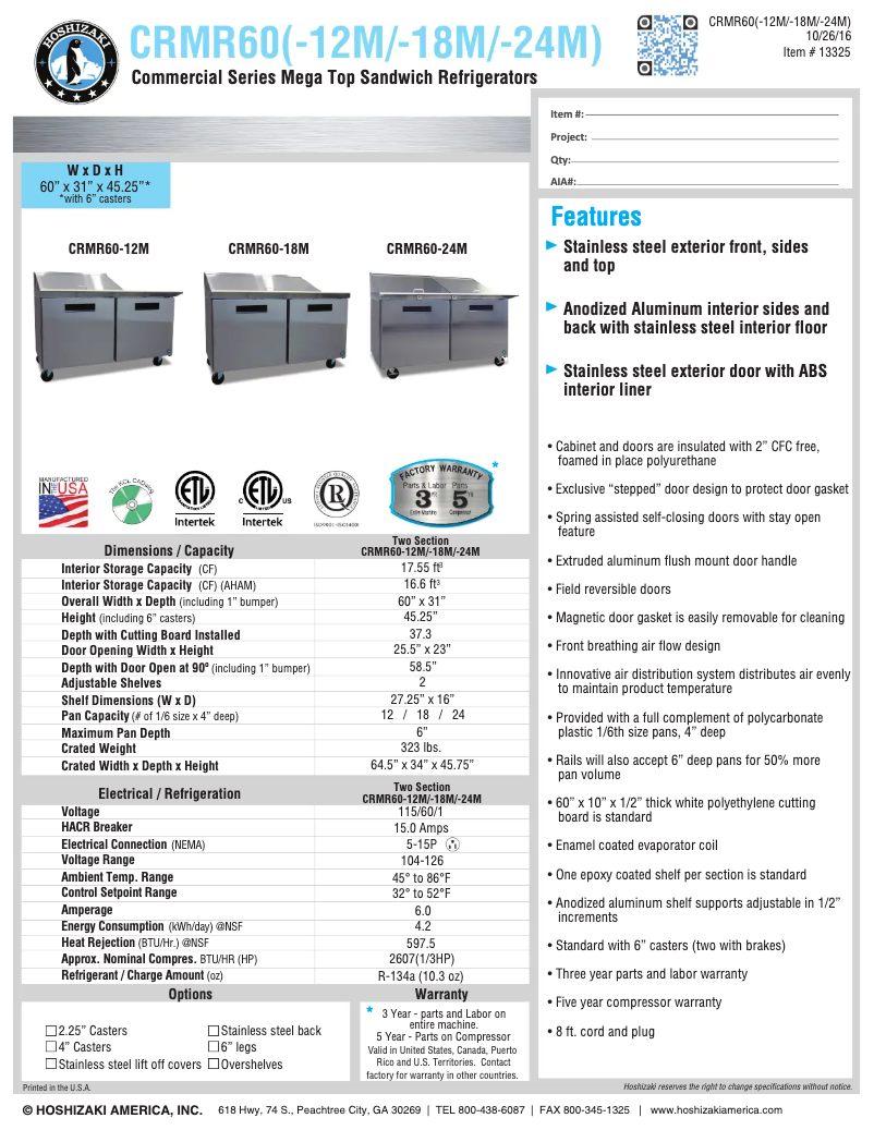 Página 1 del manual Ficha técnica Hoshizaki CRMR60-18M