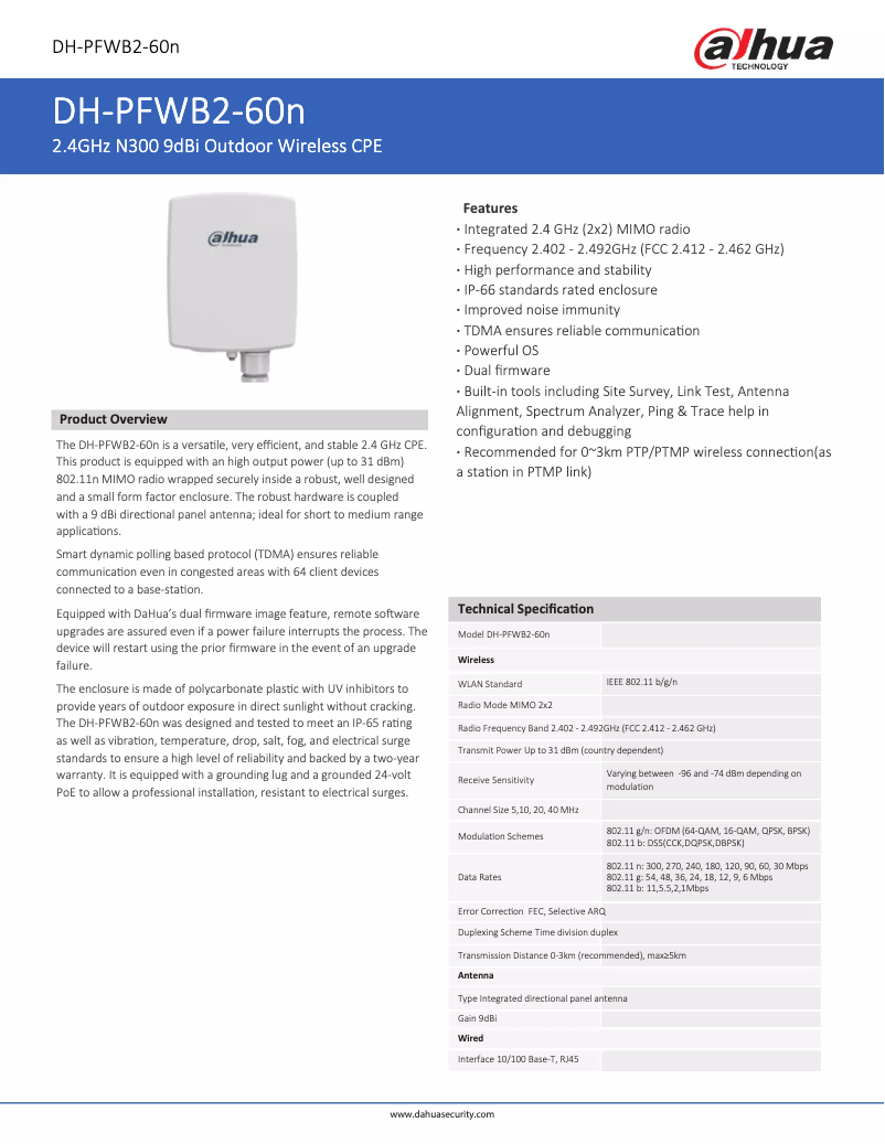 Página nº 1 - Ficha técnica Dahua Technology PFWB2-60n