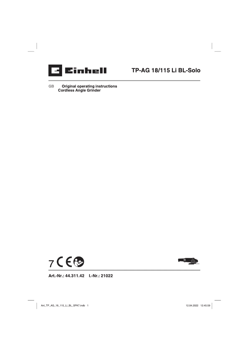 Página 1 del manual Manual de usuario Einhell TP-AG 18/115 Li BL-Solo