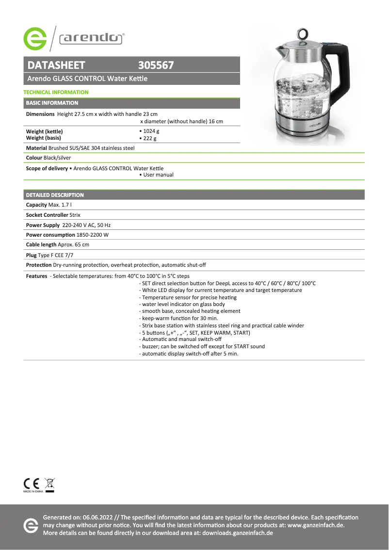 Página 1 del manual Ficha técnica Arendo Class Control 305567