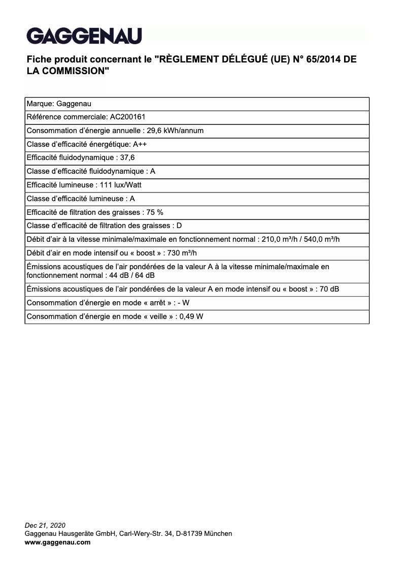 Página 1 del manual Ficha técnica Gaggenau AC200161
