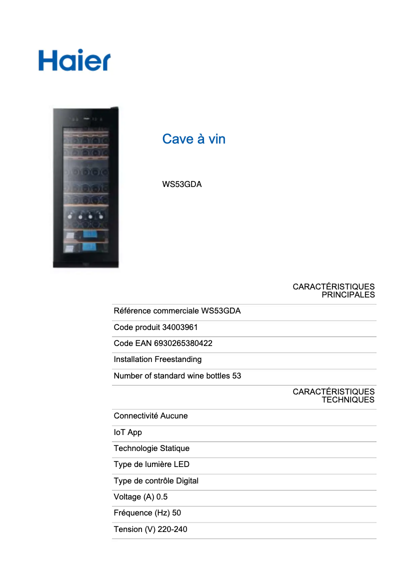 Página 1 del manual Ficha técnica Haier WS53GDA