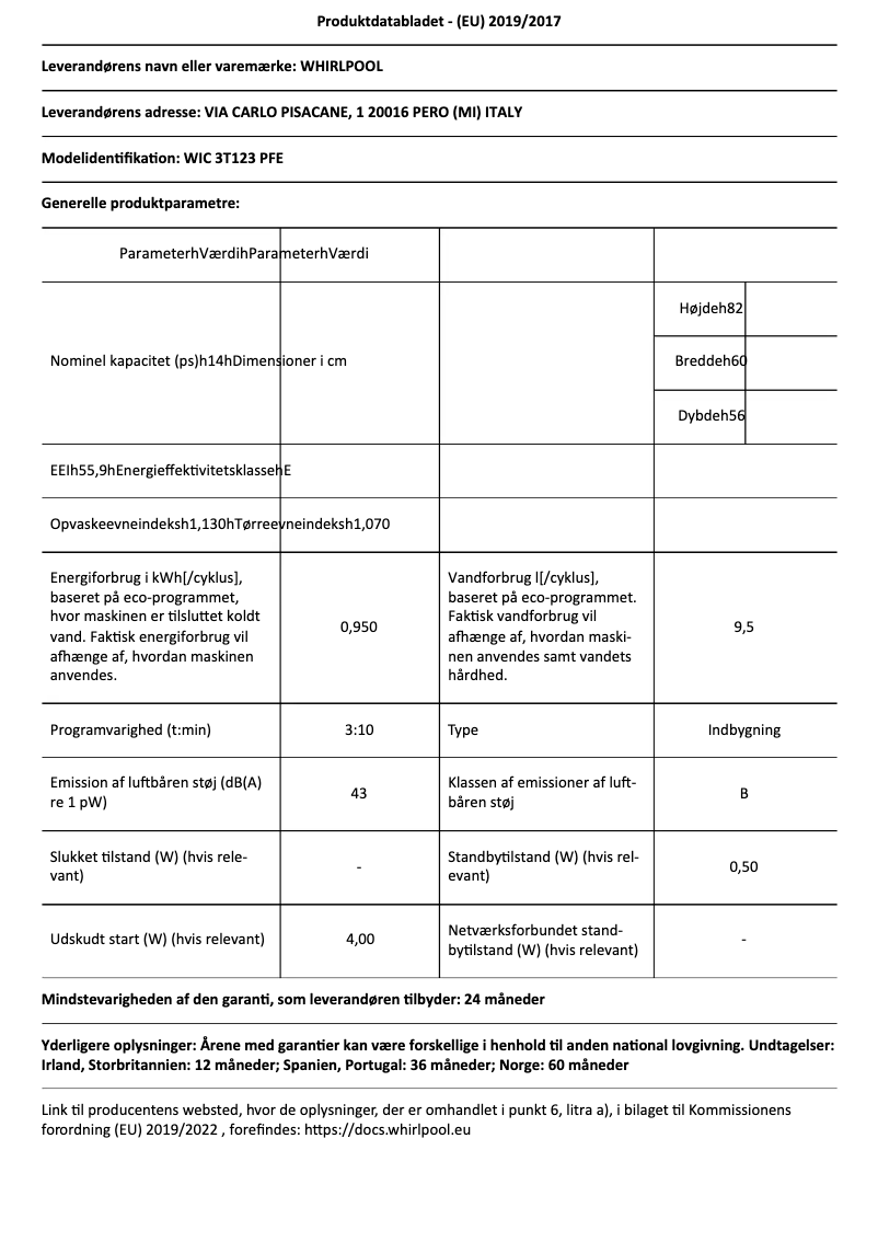 Página 1 del manual Ficha técnica Whirlpool WIC 3T123 PFE