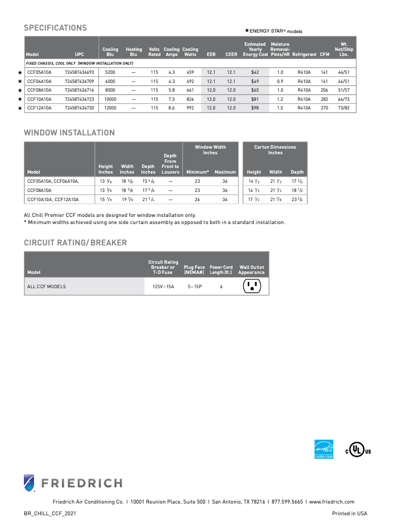 Página 1 del manual Ficha técnica Friedrich Chill Premier CCF12A10A